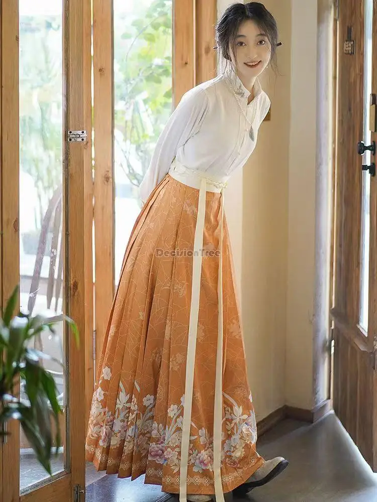 2023 ming-dinasztia hagyományos kínai hanfu női javult hosszú ujjú stand-up galléros póló nyomtatott szoknya, két darab napi szett