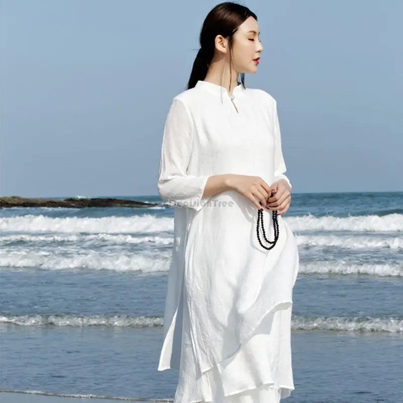 2023 új kínai stílusú javult hanfu zen ruha női elegáns laza pamut ágynemű kínai cheongsam retro két darab set s384