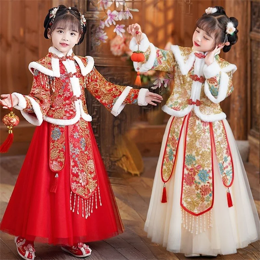 A Lányok Piros Kínai Új Év Ruházat Gyermekek Téli Tang Öltöny Cheongsam Virág Lány Ruha Ősi Hercegnő Hanfu Jelmez Gyerekeknek