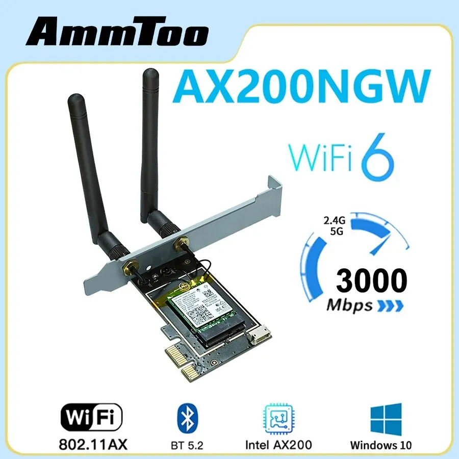 AMMTOO WiFi6 Vezeték nélküli Hálózati Kártya AX200 kétsávos Akár 3000Mbps PCI-E WiFi Kártya BT 5.2 PCI Express Adapter Antenn Asztali