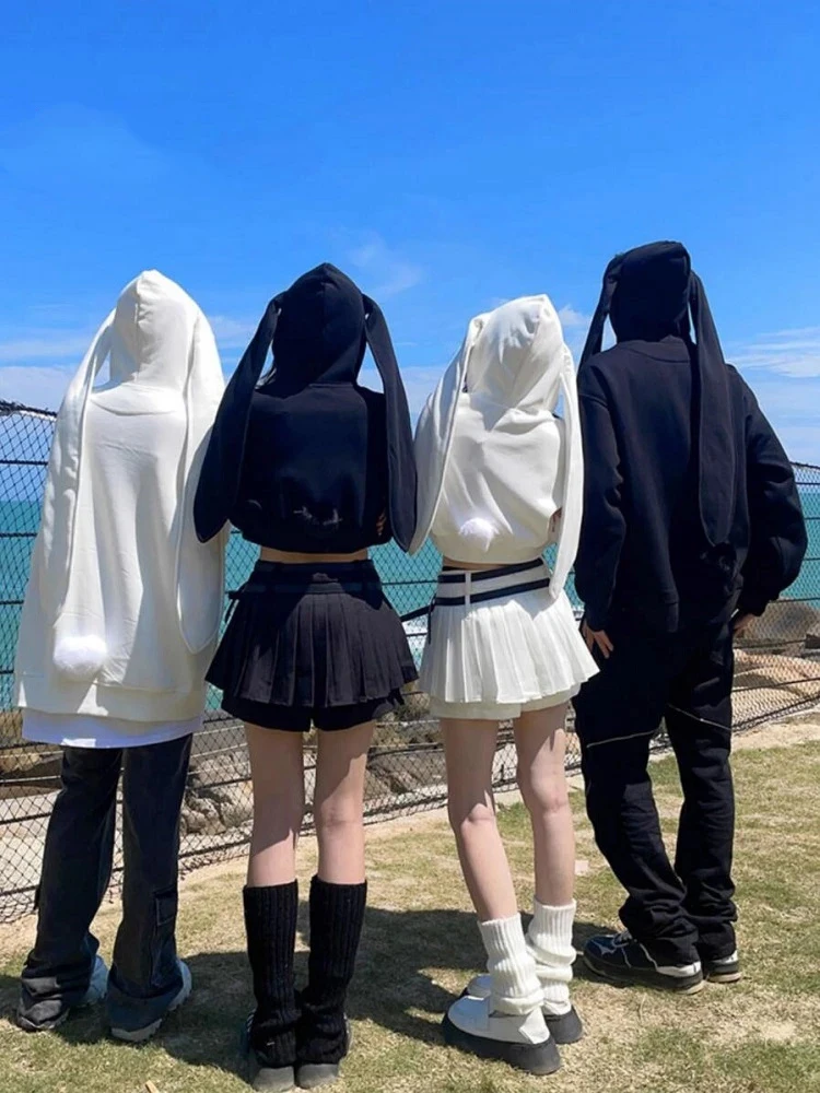 Fekete, Fehér, Aranyos, Laza Pulcsit Harajuku Gótikus Nyúl Füle kapucnis felső Cipzárral Kabátok Női Őszi Divat Felsőruházat Streetwear