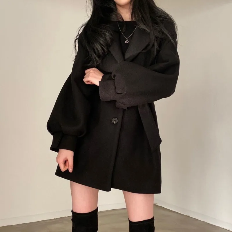 HOUZHOU Téli Vintage Gyapjú Kabát Női Őszi Téli koreai Divat Túlméretes Kabát Régi Pénz Stílus Streetwear Tweed Outwear