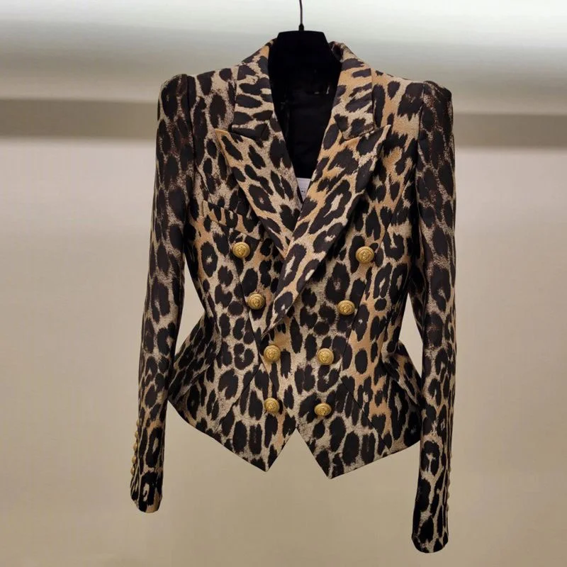 Leopárd mintás Kabát Női High-End francia Luxus Dupla Soros Slim Illeszkedő Rövid Blézer Felső Női Elegáns Ruha Kabátok Q888