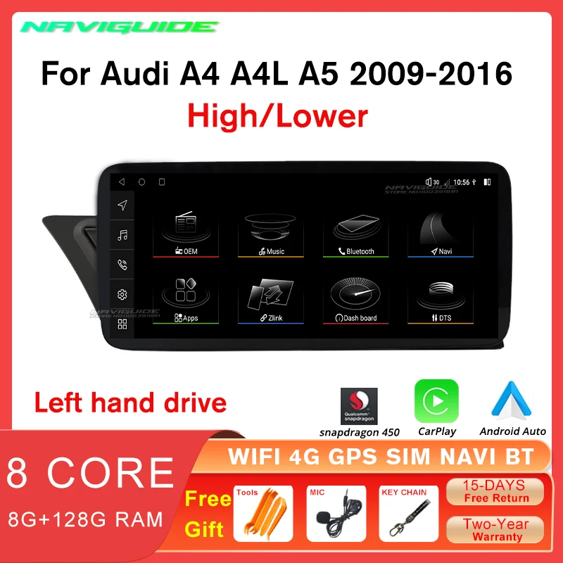 NAVIGUIDE 10.25 HÜVELYKES Android 12 Audi A4 A4L A5 LHD 2009-2017 autórádió 8+128G Sztereó Bluetooth Carplay Multimédia Lejátszó