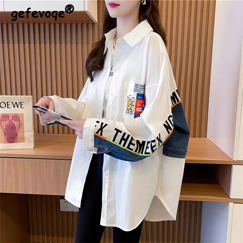 Női Divatos Levél Nyomtatás Patchwork Harajuku Ing koreai Alkalmi Streetwear Nagyméretű Blúz Y2K Hosszú Ujjú Felsők Blusas Mujer