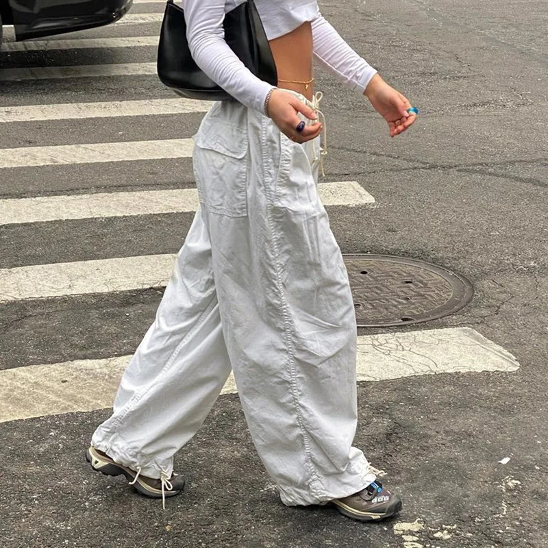 Női Hippi Futó Nadrág Sweetown Alkalmi Bő Széles Láb melegítő Fehér Laza Zsinórral Alacsony Derék Streetwear Nadrág