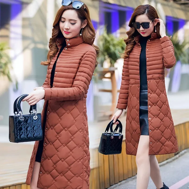 Téli Zubbonyok Vékony, Hosszú Bélelt Kabát Plus Size Könnyű Női Új Abrigos koreai Steppelt Kabát Állni Galléros Köpönyeg