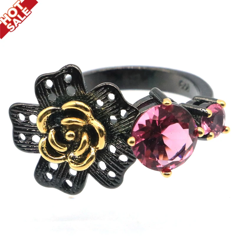 Vásárlás 2 kap 1 ingyenes 26x15mm Neo-Gótikus Rózsaszín Turmalin Rózsaszín Kunzite A Húgommal a Hűvös Fekete Fém Ezüst Gyűrű