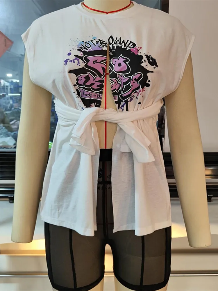 WLWXR Nyári Szexi 2 Két Darab Set Ruhák Női Ujjatlan Osztott Kötést Nyomtatás póló Vékony Rövidnadrág Háló Megfelelő Készletek 2022