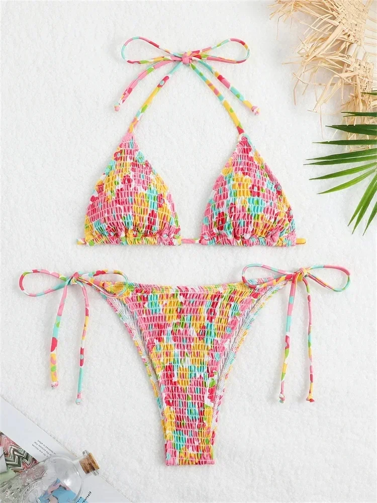 Virágmintás Ráncos Rakott Bikini Női Fürdőruha Női Fürdőruha Két darab Bikini Szett Tie Oldalon Háromszög fürdőruha Úszni